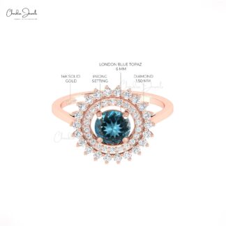 Real 14k Gold Statement Diamond Ring With 6mm London Blue Topaz Dual Halo Rings For Her