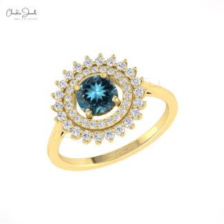 Real 14k Gold Statement Diamond Ring With 6mm London Blue Topaz Dual Halo Rings For Her