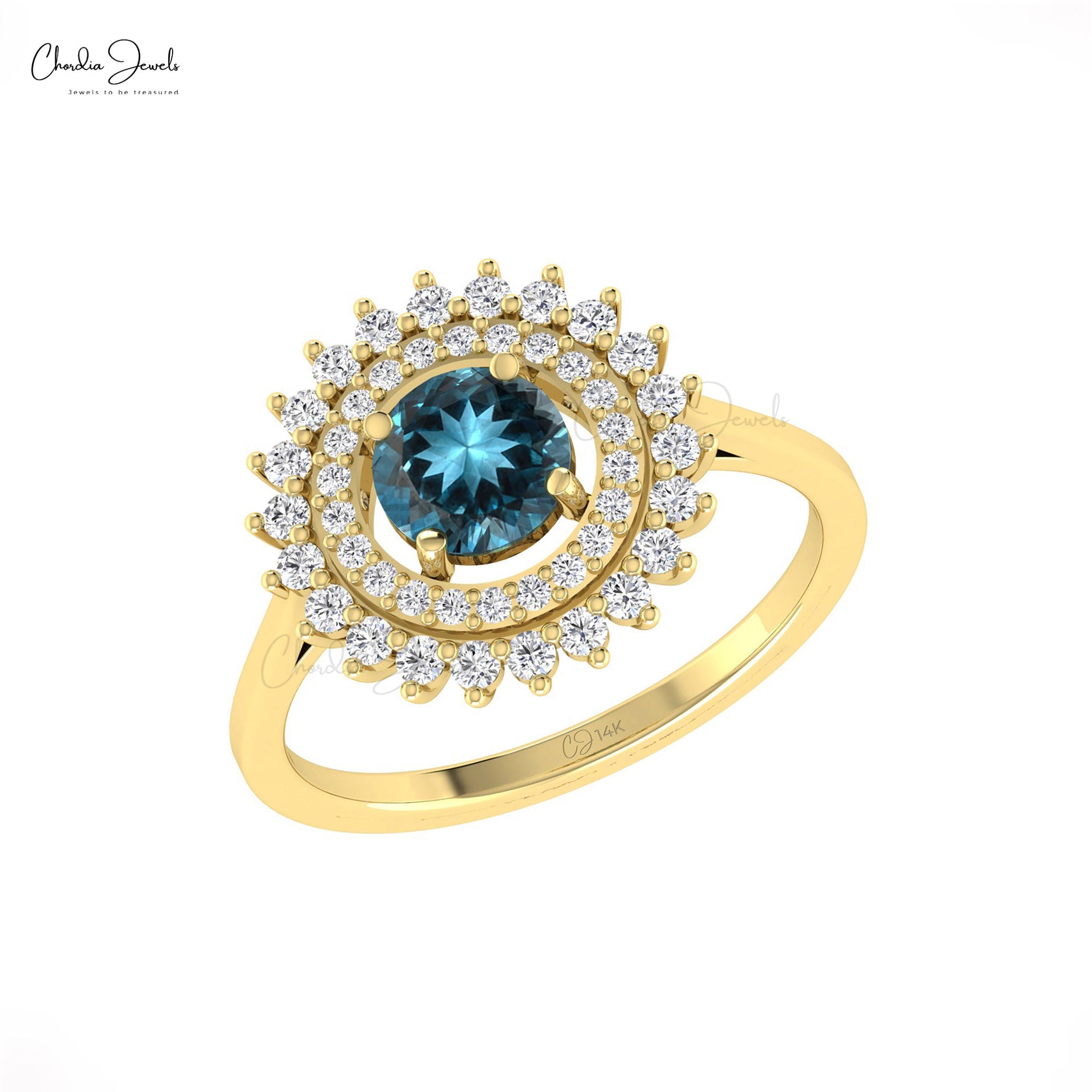 Real 14k Gold Statement Diamond Ring With 6mm London Blue Topaz Dual Halo Rings For Her