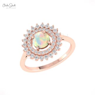 Floral Style Double Halo Ring In 14k Pure Gold Fire Opal 0.74 Ct Gemstone Diamond Rings