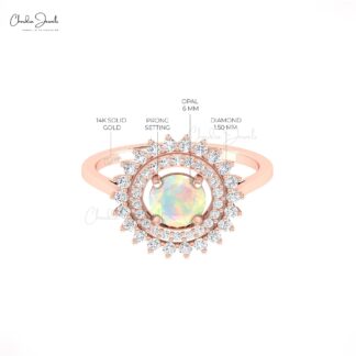 Floral Style Double Halo Ring In 14k Pure Gold Fire Opal 0.74 Ct Gemstone Diamond Rings