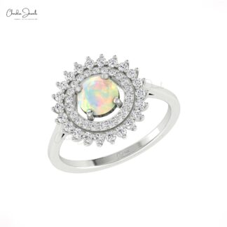 Floral Style Double Halo Ring In 14k Pure Gold Fire Opal 0.74 Ct Gemstone Diamond Rings
