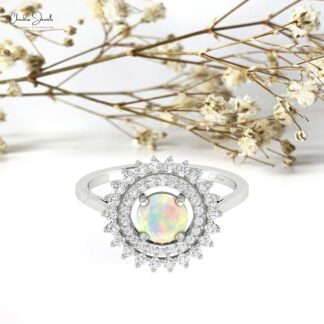 Floral Style Double Halo Ring In 14k Pure Gold Fire Opal 0.74 Ct Gemstone Diamond Rings
