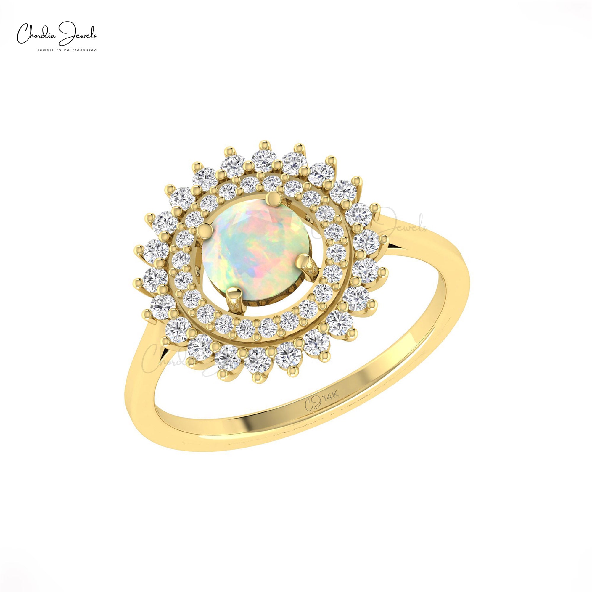 Floral Style Double Halo Ring In 14k Pure Gold Fire Opal 0.74 Ct Gemstone Diamond Rings