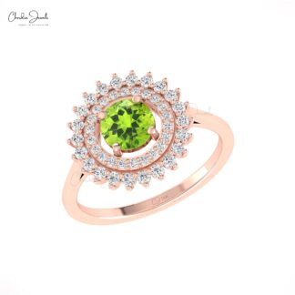 Round Peridot Statement Ring With 6mm Gemstone And Dual Halo Diamond Ring In 14k Gold