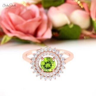 Round Peridot Statement Ring With 6mm Gemstone And Dual Halo Diamond Ring In 14k Gold