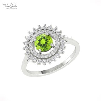 Round Peridot Statement Ring With 6mm Gemstone And Dual Halo Diamond Ring In 14k Gold
