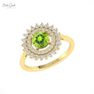 Round Peridot Statement Ring With 6mm Gemstone And Dual Halo Diamond Ring In 14k Gold