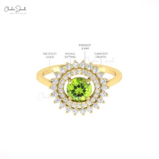 Round Peridot Statement Ring With 6mm Gemstone And Dual Halo Diamond Ring In 14k Gold