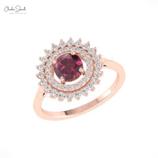 Solid 14k Gold Halo Diamond Ring With 6mm Rhodolite Garnet January Birthstone Bridal Ring