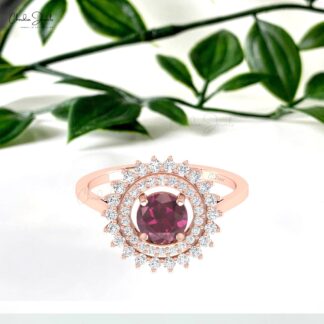 Solid 14k Gold Halo Diamond Ring With 6mm Rhodolite Garnet January Birthstone Bridal Ring