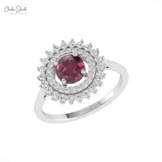 Solid 14k Gold Halo Diamond Ring With 6mm Rhodolite Garnet January Birthstone Bridal Ring
