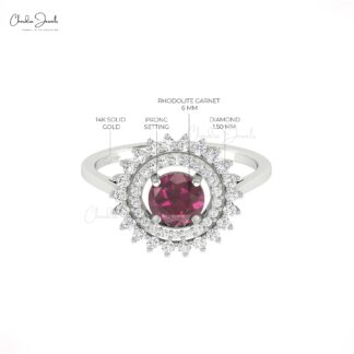 Solid 14k Gold Halo Diamond Ring With 6mm Rhodolite Garnet January Birthstone Bridal Ring