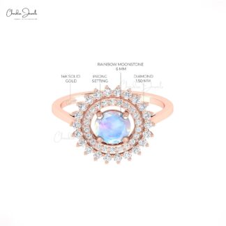 Halo Diamond Promise Ring With 6mm Rainbow Moonstone Prong Set In 14k Real Gold Ring