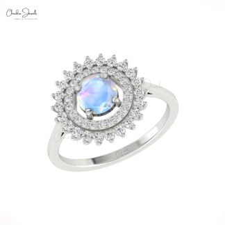 Halo Diamond Promise Ring With 6mm Rainbow Moonstone Prong Set In 14k Real Gold Ring