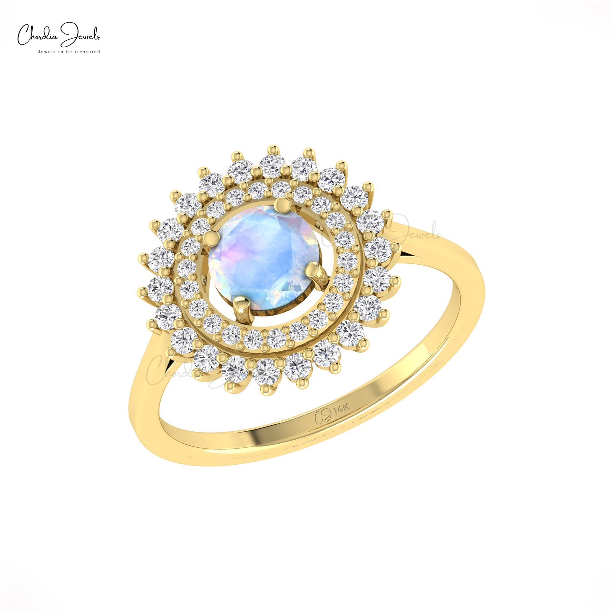 Halo Diamond Promise Ring With 6mm Rainbow Moonstone Prong Set In 14k Real Gold Ring
