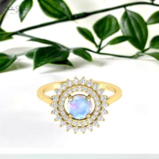 Halo Diamond Promise Ring With 6mm Rainbow Moonstone Prong Set In 14k Real Gold Ring