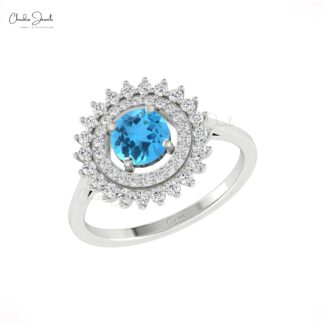 Cocktail Dual Halo Ring With 0.74 Ct Swiss Blue Topaz And Diamond 14k Pure Gold Ring