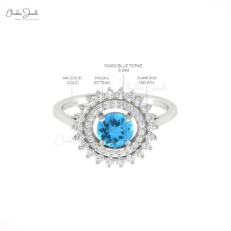 Cocktail Dual Halo Ring With 0.74 Ct Swiss Blue Topaz And Diamond 14k Pure Gold Ring