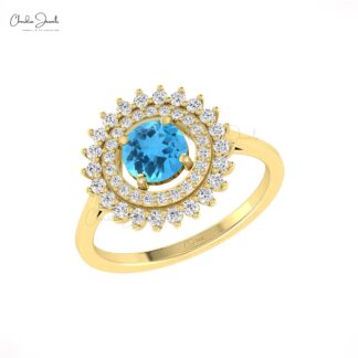 Cocktail Dual Halo Ring With 0.74 Ct Swiss Blue Topaz And Diamond 14k Pure Gold Ring