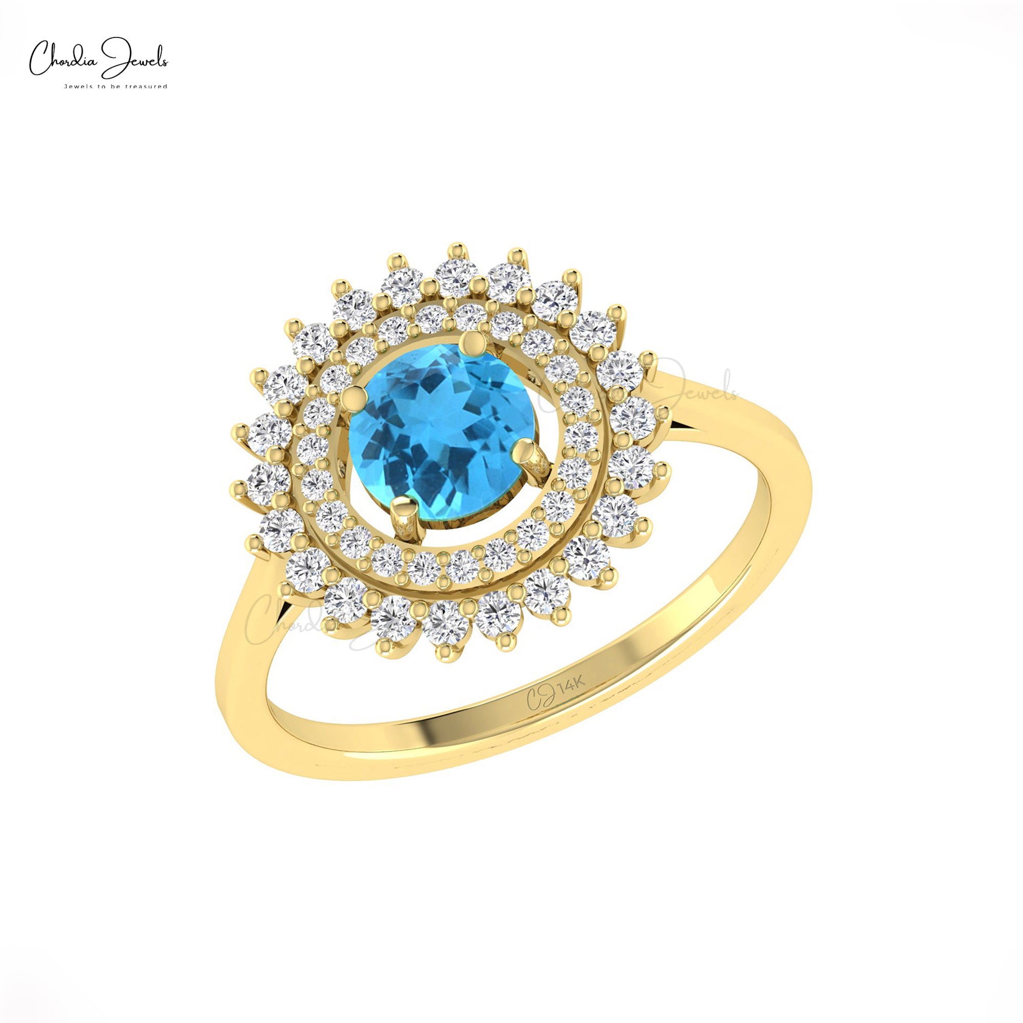 Cocktail Dual Halo Ring With 0.74 Ct Swiss Blue Topaz And Diamond 14k Pure Gold Ring