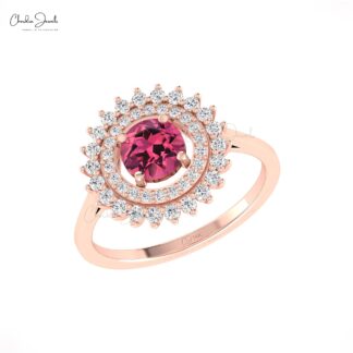 Gemstone Halo Ring In 14k Pure Gold Pink Tourmaline 0.7 Ct Round And Diamond Floral Rings
