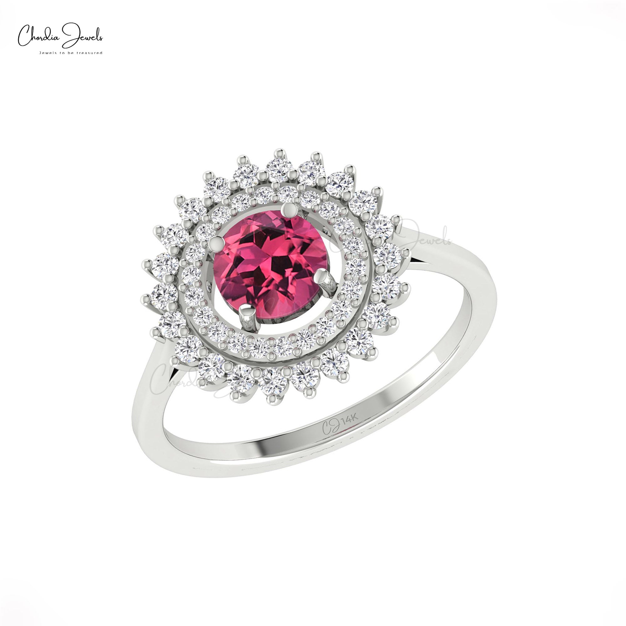 Gemstone Halo Ring In 14k Pure Gold Pink Tourmaline 0.7 Ct Round And Diamond Floral Rings