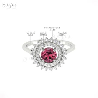 Gemstone Halo Ring In 14k Pure Gold Pink Tourmaline 0.7 Ct Round And Diamond Floral Rings