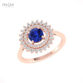 Dual Birthstone Halo Ring In Solid 14k Gold Blue Tanzanite G-H Diamond Cocktail Rings