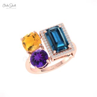 Statement 3.18 Ct London Blue Topaz And Amethyst Citrine With Diamond 14k Real Gold Cocktail Ring