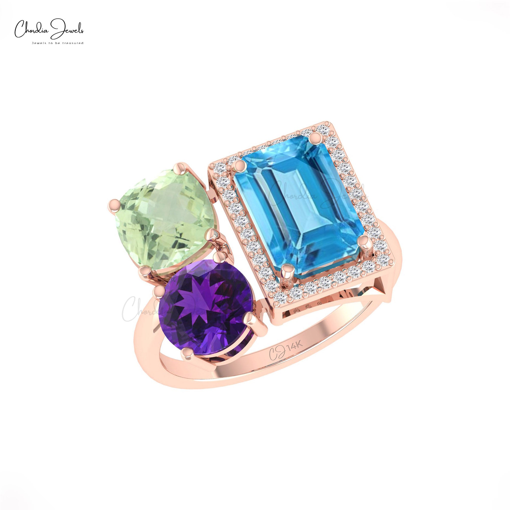 Cluster 3 Stone Ring With 10x8mm Swiss Blue Topaz And Amethyst Diamond Rings In 14k Gold