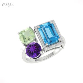 Cluster 3 Stone Ring With 10x8mm Swiss Blue Topaz And Amethyst Diamond Rings In 14k Gold