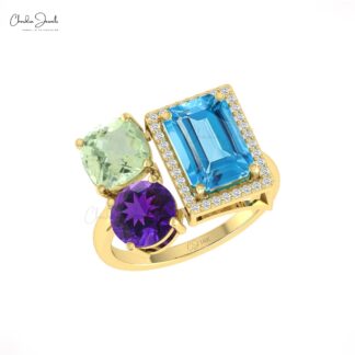 Cluster 3 Stone Ring With 10x8mm Swiss Blue Topaz And Amethyst Diamond Rings In 14k Gold
