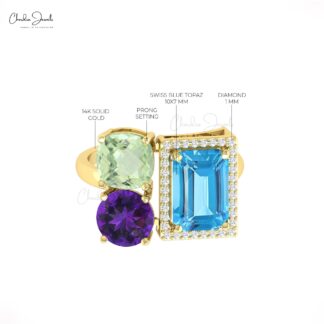 Cluster 3 Stone Ring With 10x8mm Swiss Blue Topaz And Amethyst Diamond Rings In 14k Gold