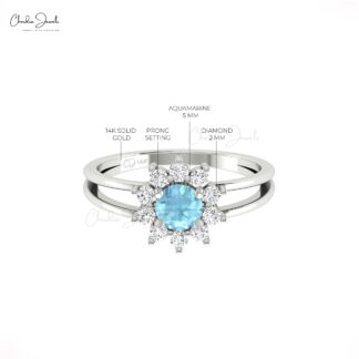 Halo Diamond Twin Shank Ring In 14k Solid Gold Aquamarine 5mm Gemstone Floral Bridal Ring