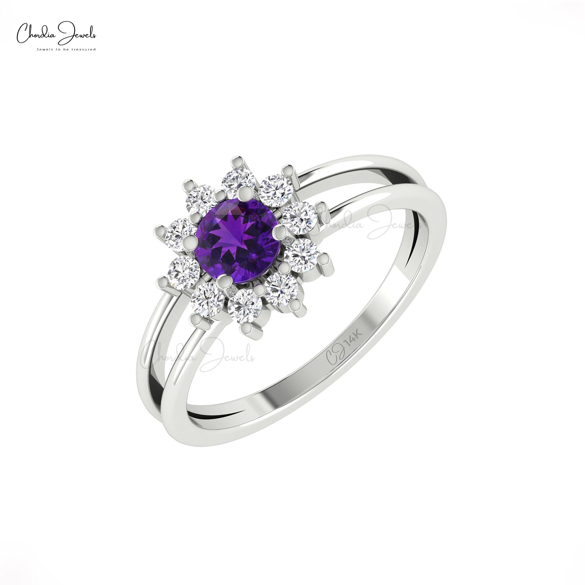 Cluster Diamond Halo Ring With 0.42 Ct Round Amethyst Real 14k Gold Split Shank Rings