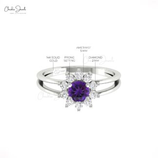 Cluster Diamond Halo Ring With 0.42 Ct Round Amethyst Real 14k Gold Split Shank Rings