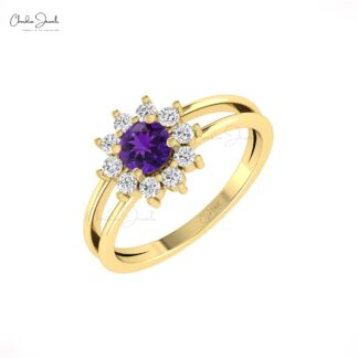 Cluster Diamond Halo Ring With 0.42 Ct Round Amethyst Real 14k Gold Split Shank Rings