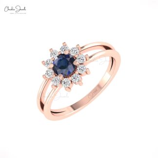 AAA Blue Sapphire Split Shank Ring In 14k Real Gold Gemstone And Diamond Halo Rings