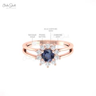 AAA Blue Sapphire Split Shank Ring In 14k Real Gold Gemstone And Diamond Halo Rings