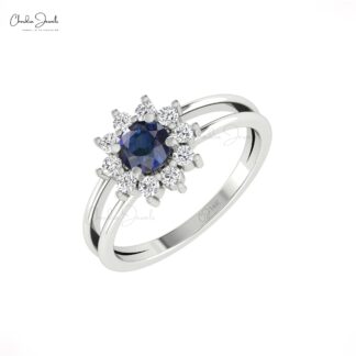 AAA Blue Sapphire Split Shank Ring In 14k Real Gold Gemstone And Diamond Halo Rings