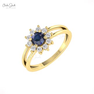 AAA Blue Sapphire Split Shank Ring In 14k Real Gold Gemstone And Diamond Halo Rings