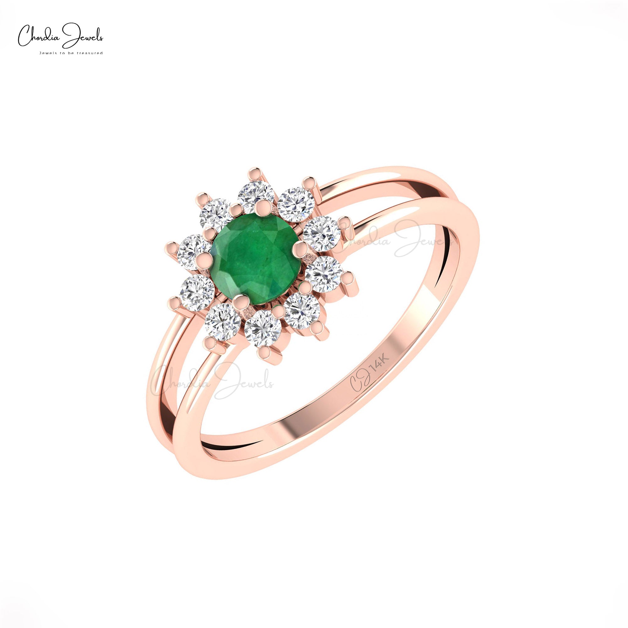 Floral Engagement Ring With 5mm Emerald And Diamond Split Shank Rings In 14k Solid Gold
