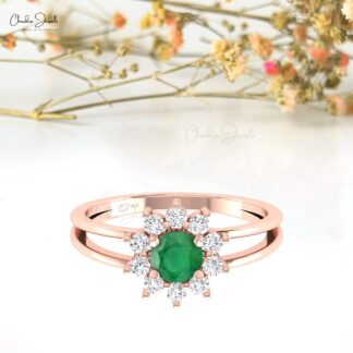 Floral Engagement Ring With 5mm Emerald And Diamond Split Shank Rings In 14k Solid Gold