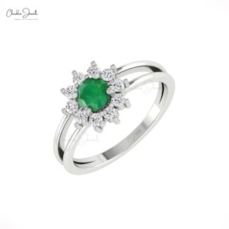 Floral Engagement Ring With 5mm Emerald And Diamond Split Shank Rings In 14k Solid Gold