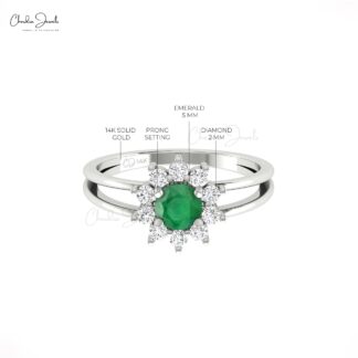 Floral Engagement Ring With 5mm Emerald And Diamond Split Shank Rings In 14k Solid Gold