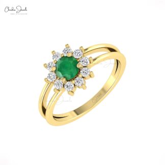 Floral Engagement Ring With 5mm Emerald And Diamond Split Shank Rings In 14k Solid Gold