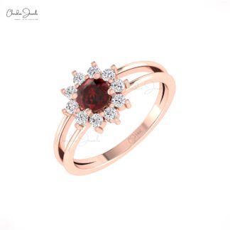 Natural Red Garnet Halo Ring In Pure 14k Gold Diamond Split Shank Promise Rings For Her