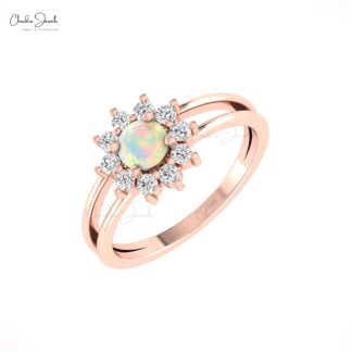 Genuine Fire Opal Split Shank Ring With 0.42 Ct Gemstone Halo Diamond Rings In 14k Gold