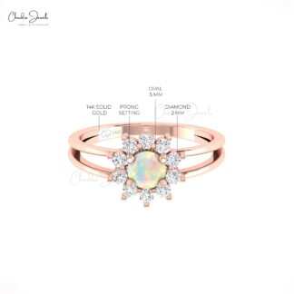 Genuine Fire Opal Split Shank Ring With 0.42 Ct Gemstone Halo Diamond Rings In 14k Gold